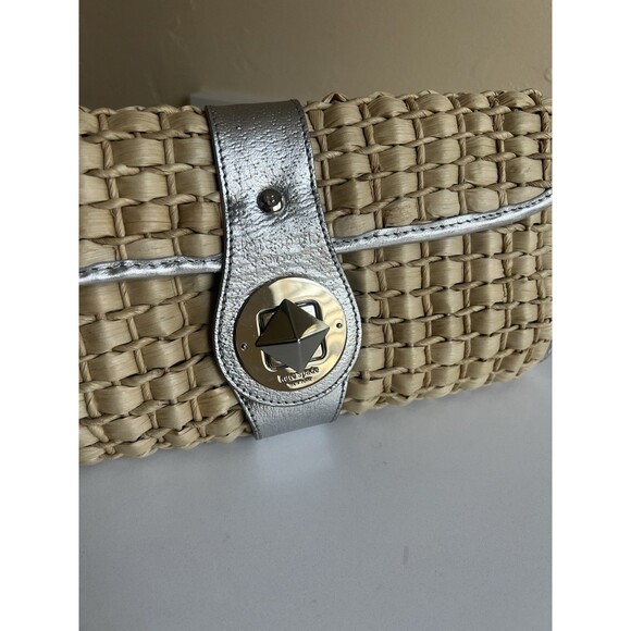 Kate Spade New York Woven Straw Basket Clutch Silver Metallic Leather Trim - Picture 2 of 12
